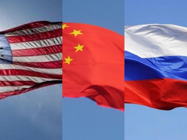 US, China and Russia's flags 