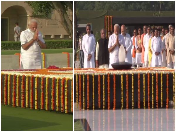 Visuals of Prime Minister Narendra Modi paying tribute to Mahatma Gandhi (left) and Atal Bihari Vajpayee (right) in New Delhi. Photo/ANI