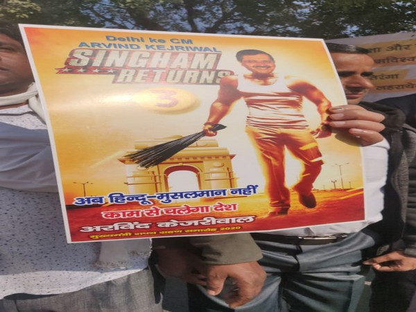'Singham Returns' poster featuring Arvind Kejriwal at his swearing-in ceremony(Photo/ANI)