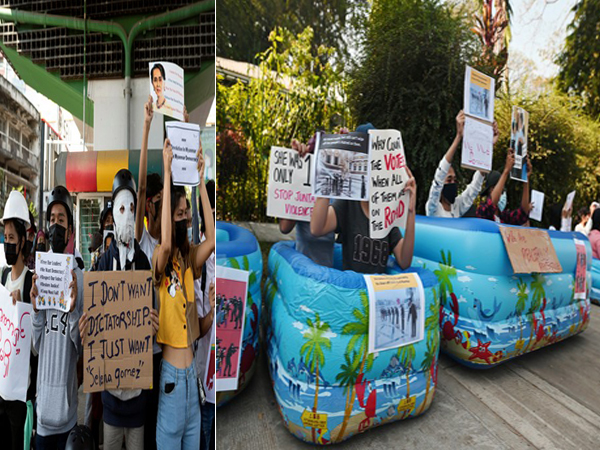Some protesters on Wednesday came in cosplay and some lounged in inflatable pools with protest signs outside the Japanese embassy. (Photo credit: Reuters)
