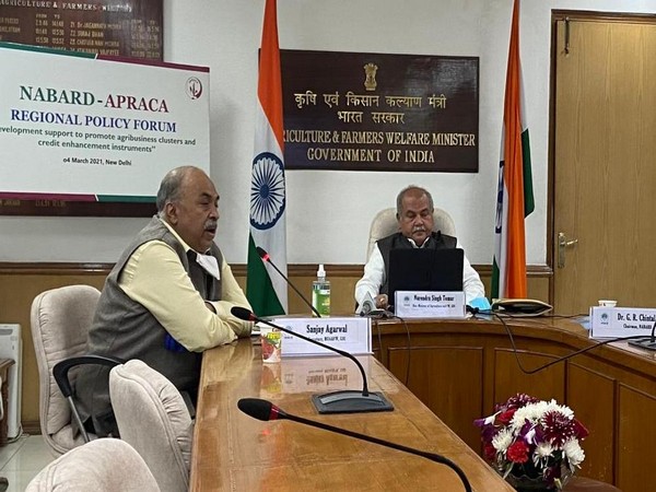 Union Agriculture Minister Narendra Singh Tomar speaking at press at an event. (Photo/ANI)