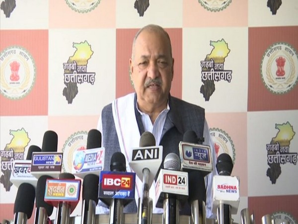 Chhattisgarh Agriculture Minister Ravindra Choubey speaking to media persons on Thursday in Raipur. Photo/ANI
