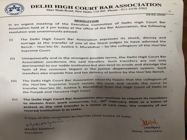 Delhi High Court bar Association condemned the transfer of Justice S Muralidhar on Wednesday. Photo/ANI