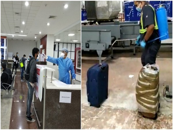 A passenger undergoing medical treatment at the Goa airport (left). Baggage being sanitised (right) (Photo/ANI)