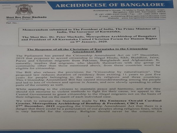 Memoradum submitted by Bengaluru Metropolitan Archbishop Peter Machado against CAA. (Photo/ANI)
