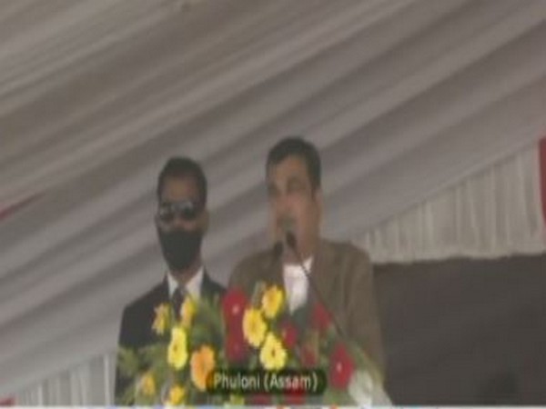 Union Minister Nitin Gadkari addressing the foundation stone laying ceremony of Dhubri-Phulbari Bridge in Assam's Phuloni on Thursday.