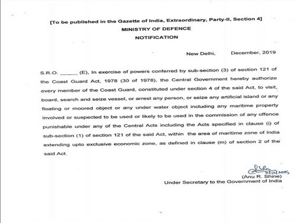 A notification issued by Ministry of Defence to empower the Coast Guard.