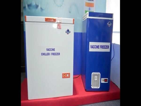 COVID-19 vaccine storage chiller and freezer that runs on the hybrid renewable energy source of both wind and solar energy launched in Hyderabad on Thursday. [Photo/ANI]