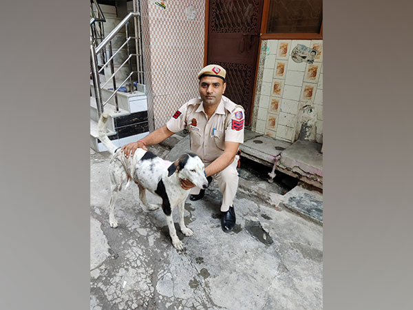 HC Sandeep Taliyan with the dog stabbed by an unknown man (Photo/ANI)