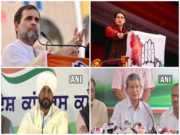 Congress leader Rahul Gandhi, Priyanka Gandhi Vadra, Harish Rawat and Charanjit Singh Channi (clockwise from left top)