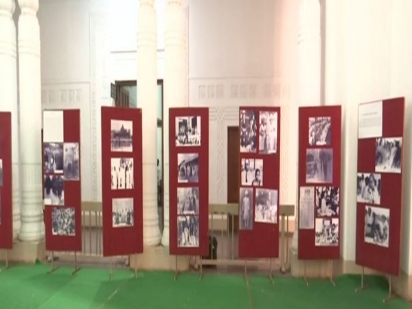 Rare black and white pictures of Dr BR Ambedkar displayed at Osmania University in Hyderabad. Photo/ANI