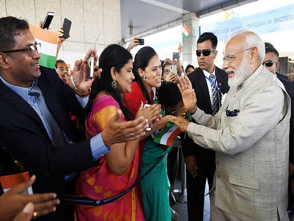 Prime Minister Narendra Modi receives a warm welcome by the Indian community in Male, Maldives, on Saturday. (Photo/ANI)