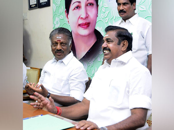 Chief Minister and AIADMK co-coordinator Edappadi K Palaniswami and Deputy Chief Minister and coordinator O Panneerselvam addresses a party meeting in Chennai on Wednesday. (Photo/ANI)