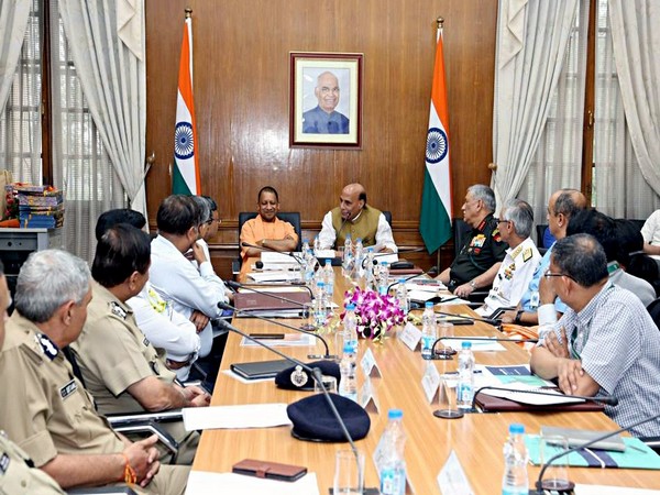 Defence Minister Rajnath Singh, Uttar Pradesh Chief Minister Yogi Adityanath at a meeting to review the preparation for the 11th edition of Defence Expo. (Photo/ANI)