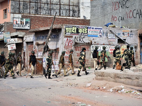 Security personnel patrol after communal violence in northeast Delhi area on February 28, 2020 (Photo:ANI)