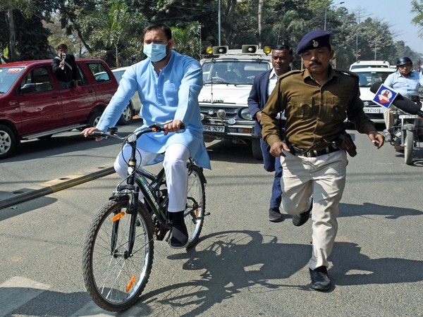 Tejashwi Yadav riding bicycle on Friday. 