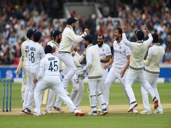 Indian players celebrate the fall of an England wicket. (Photo/ Cheteshwar Pujara twitter)