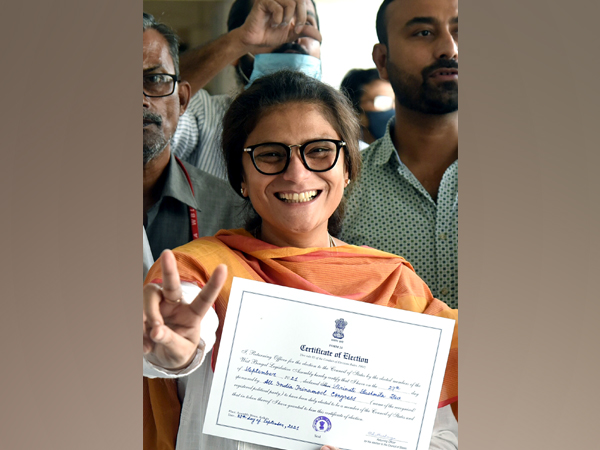 TMC candidate Sushmita Dev receives a winning certificate after being elected for West Bengal Rajya Sabha bypoll, in Kolkata on Monday (Photo/ANI)