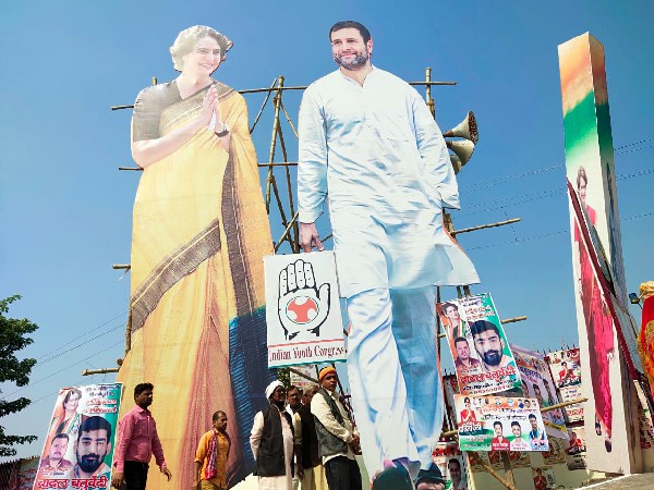 Cutouts of Congress leaders Priyanka Gandhi and Rahul Gandhi put up at a rally in Gorakhpur. [File Photo/ANI]