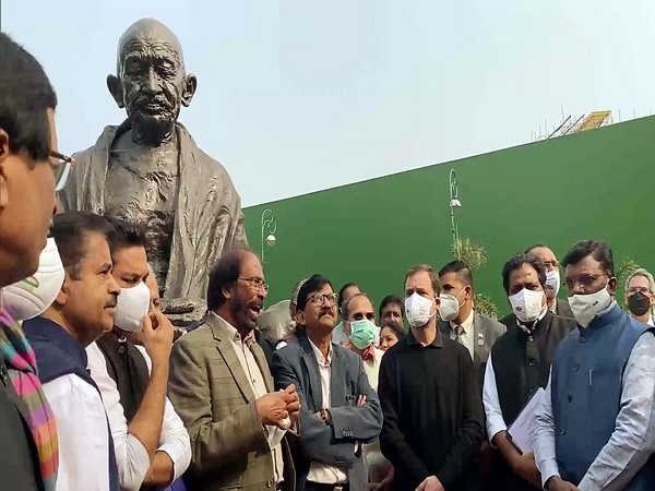 Opposition leaders at Gandhi statue at Parliament in New Delhi. [Photo/ANI]