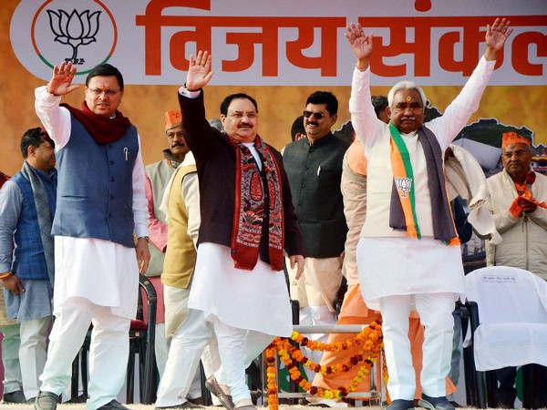 BJP National President JP Nadda with Uttarakhand Chief Minister Pushkar Singh Dhami and other dignitaries at Vijay Sankalp Yatra (File photo/ANI)
