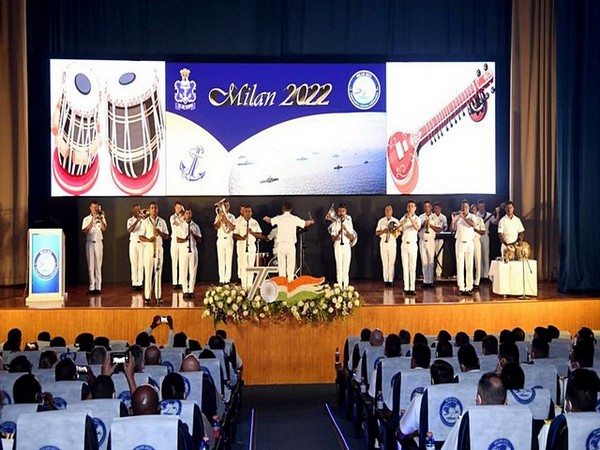 Indian Navy band performs at the grand opening of International Maritime Seminar 'MILAN 2022', in Visakhapatnam on Sunday. (ANI Photo)