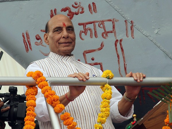 Defence Minister Rajnath Singh during the launch of the Indian Navy destroyer warship (Photo/ANI)