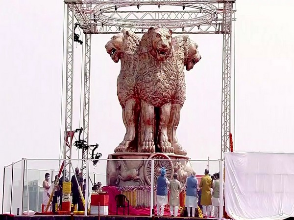 National Emblem cast on the roof of the New Parliament Building, in New Delhi
