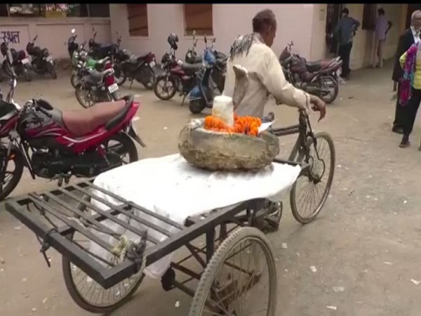 Shivling uprooted from a temple in Raigarh district of Chhattisgarh and was bought to court on cart. (Photo/ANI)