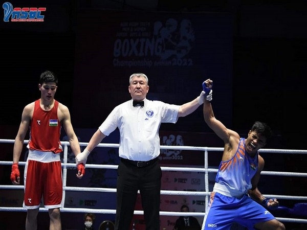 India's Vanshaj (63.5kg) (in Blue) reacts after winning gold medal at the 2022 ASBC Asian Youth & Junior Boxing Championships in Amman (Photo: ASBC)