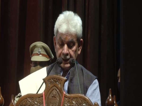 Jammu and Kashmir Lieutenant Governor Manoj Sinha addressing at event on Friday. [Photo/ANI]
