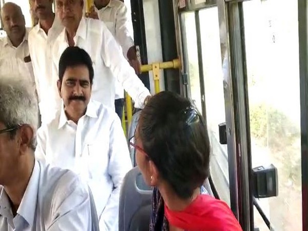 Former minister Devineni Umamaheswar Rao traveling from Vijayawada outskirts to Mylavaram in an ordinary bus on Wednesday. Photo/ANI