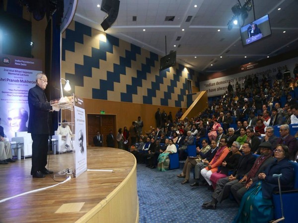Former president Pranab Mukherjee at 2nd Atal Bihari Memorial lecture organised by the India Foundation in the national capital on Monday. (Photo/ANI)
