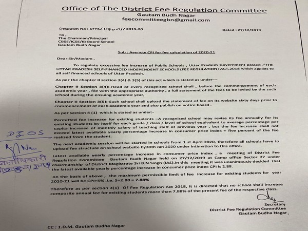 A grab of the letter issued by the Secretary of the District Fee Regulation Committee, Gautam Budh Nagar on December 28,2019 [Photo/ANI]