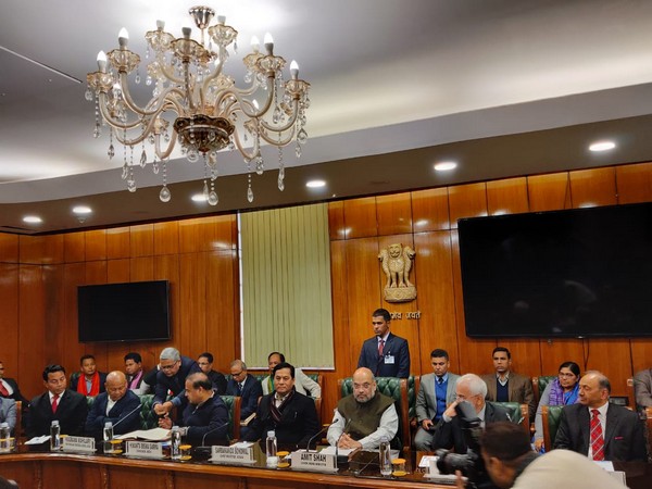 Union Home Minister Amit Shah along with others addressing media in New Delhi on Monday about the tripartite agreement signed with nine factions of NDFB. Photo/ANI