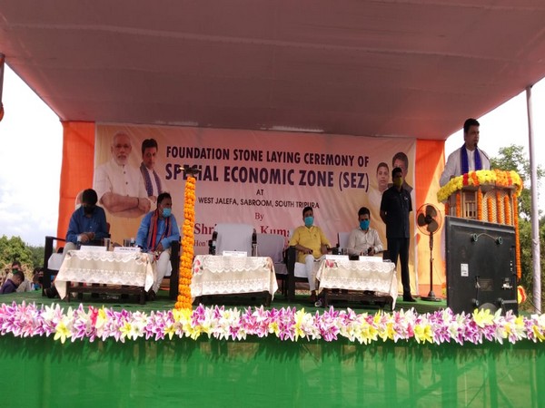 Chief minister of Tripura, Biplab Kumar Deb addressing the audience at the foundation-stone laying ceremony.