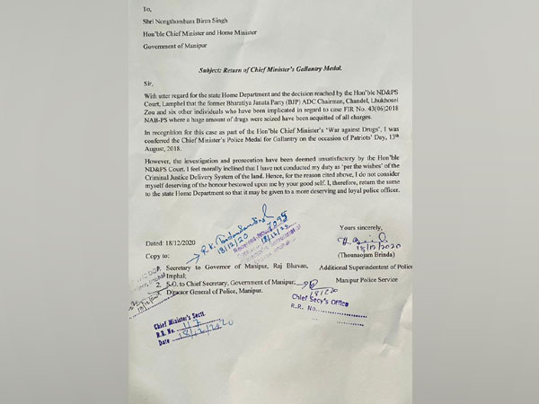 ASP Thounaojam Brinda's letter to Chief Minister N Biren Singh (Photo/ANI)