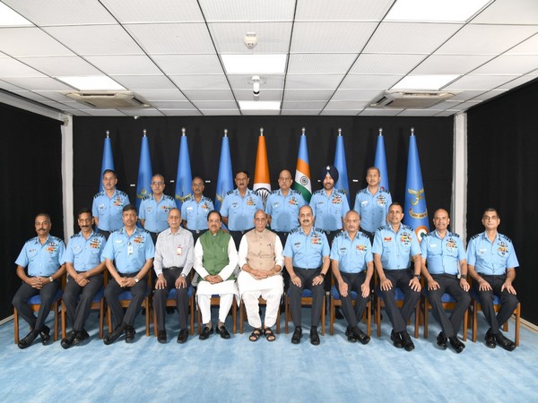 Defence Minister Rajnath Singh with MoS Ajay Bhatt and senior MoD and IAF officials during AFC at Air Headquarters in New Delhi.
