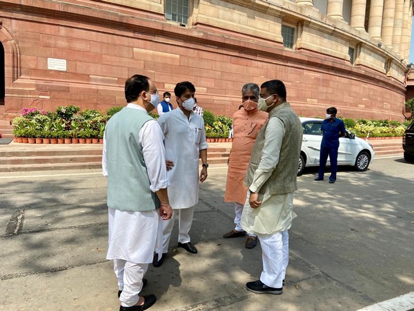 BJP President JP Nadda along with others held discussion for Agriculture Bill 2020 in the Parliament premises on Friday. (Photo/ANI)