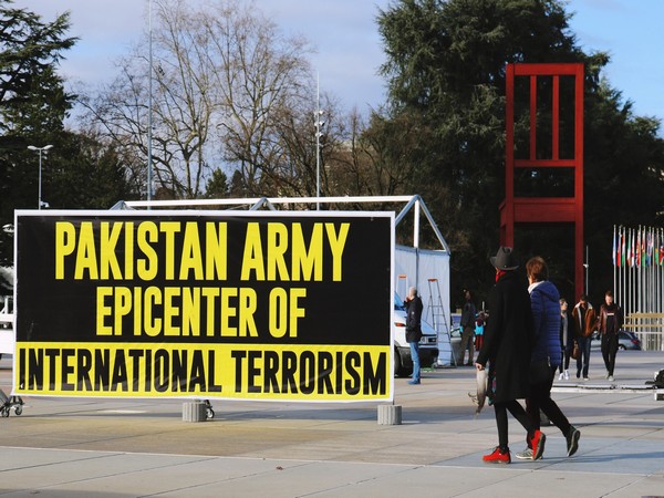 Banner with the slogan - Pakistani Army Epicenter of International Terrorism - displayed outside UN office in Geneva. Photo/ANI