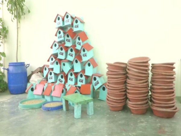 Vyagra Foundation distributing nest boxes and millet to people to protect sparrows.