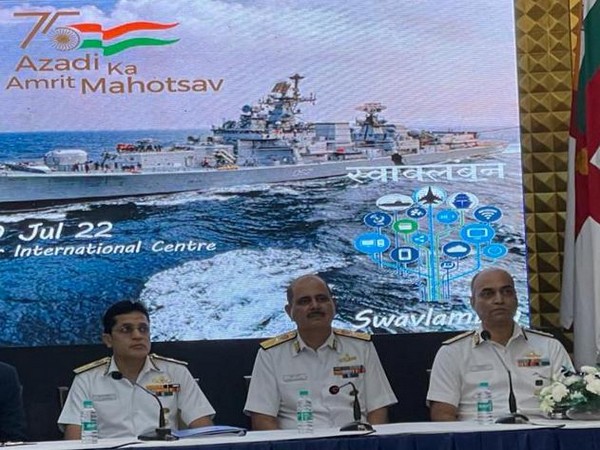 Navy Vice Chief Admiral SN Ghormade (extreme left) with two other Navy officials at a press conference on indigenisation (Photo/ANI)