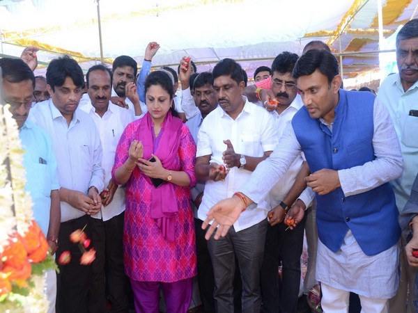 Chikkaballapur MLA K Sudhakar performing 'bhoomi pooja' in Chikkaballapur, Karnataka on Monday. Photo/ANI