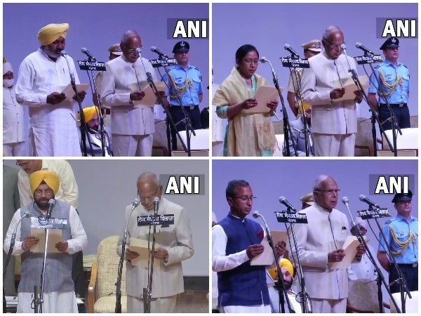 AAP leaders Harpal Singh Cheema, Dr Baljit Kaur, Harbhajan Singh ETO, Dr Vijay Singla take oath as ministers in the Punjab cabinet. (Photo/ANI)