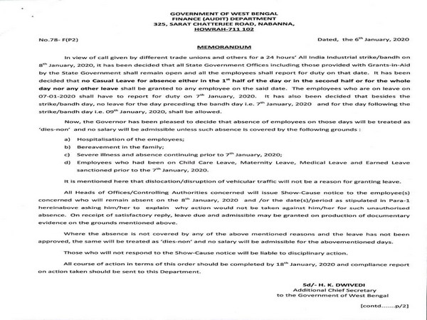 The memorandum issued by West Bengal government. 