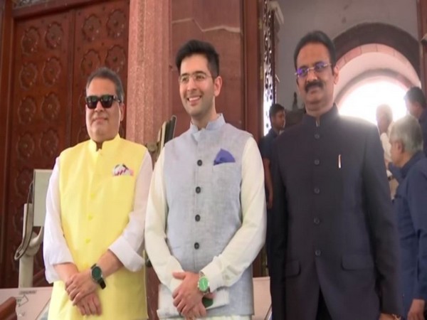 Newly elected AAP MPs Sanjeev Arora, Raghav Chadha and Ashok Mittal at Parliament. (Photo/ANI)