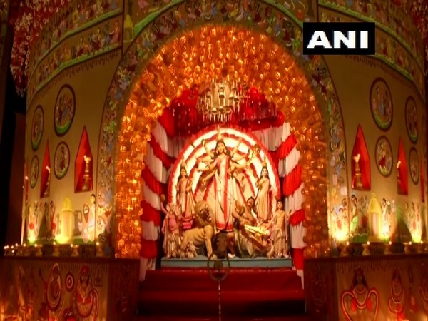 The pandal in Kolkata decorated on the theme of 'Mother's touch'.