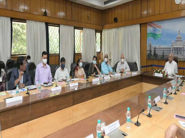 Karnataka Chief Minister BS Yediyurappa reviews progress of 96 Central government and Centrally Sponsored Schemes across 24 departments, in Bengaluru on Tuesday. [Photo/ANI]