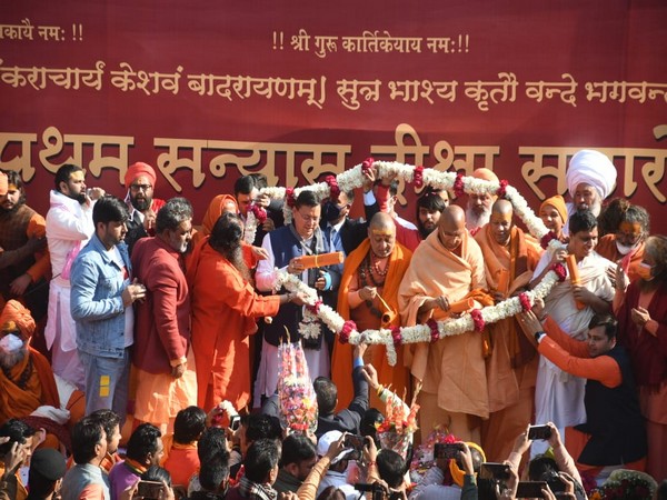 Uttarakhand Chief Minister Pushkar Singh Dhami at Jagadguru Ashram, Kankhal (Photo/ANI)