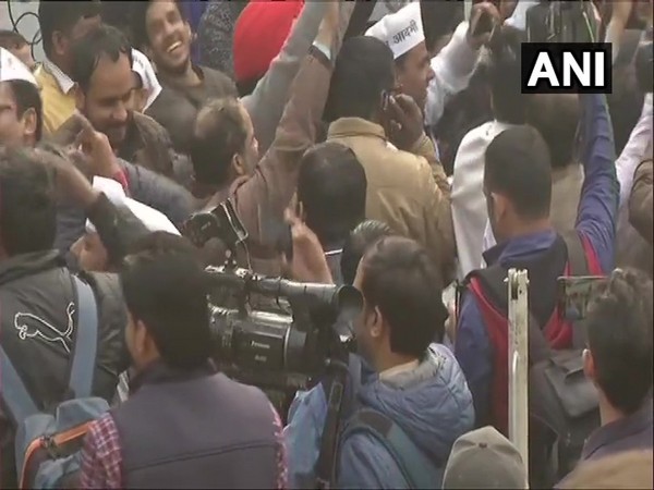 Visuals from the celebrations outside AAP office in New Delhi on Tuesday. Photo/ANI